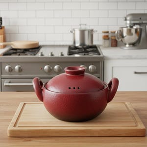 Olla Donabe moderna de cerámica roja, olla japonesa para guisos, recipiente para cocinar sopas y estofados de 1,5 a 3 litros.