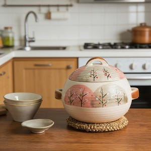 Hand-Painted Japanese Ceramic Donabe Pot, Pastel Floral Clay Pot for Soup & Stew, 1.5L-3L Cookware