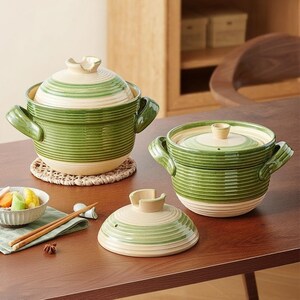 Handmade Green Ceramic Donabe Pot Set - Japanese Style Clay Casserole for Stew, Soup and Rice Cooking