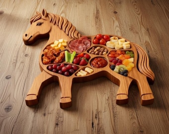 Tabla de embutidos de madera hecha a mano con forma de caballo, bandeja para servir con forma de caballo, regalo rústico para la cocina de una granja.