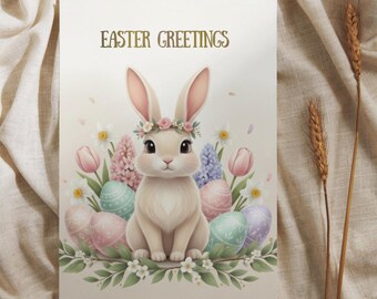 Tarjeta de Pascua con conejito / Saludos con conejo de dibujos animados en tonos pastel (Descarga digital)