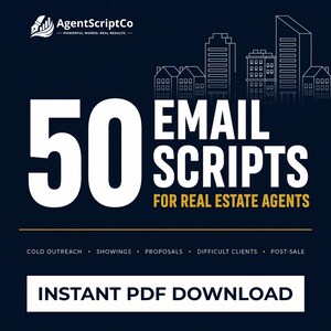 Puede incluir: Una portada de producto digital azul oscuro titulada 50 EMAIL SCRIPTS FOR REAL ESTATE AGENTS con un gráfico de horizonte urbano en blanco, el logotipo de AgentScriptCo y una lista de temas que incluye cold outreach, showings, proposals y una descarga instantánea en PDF.