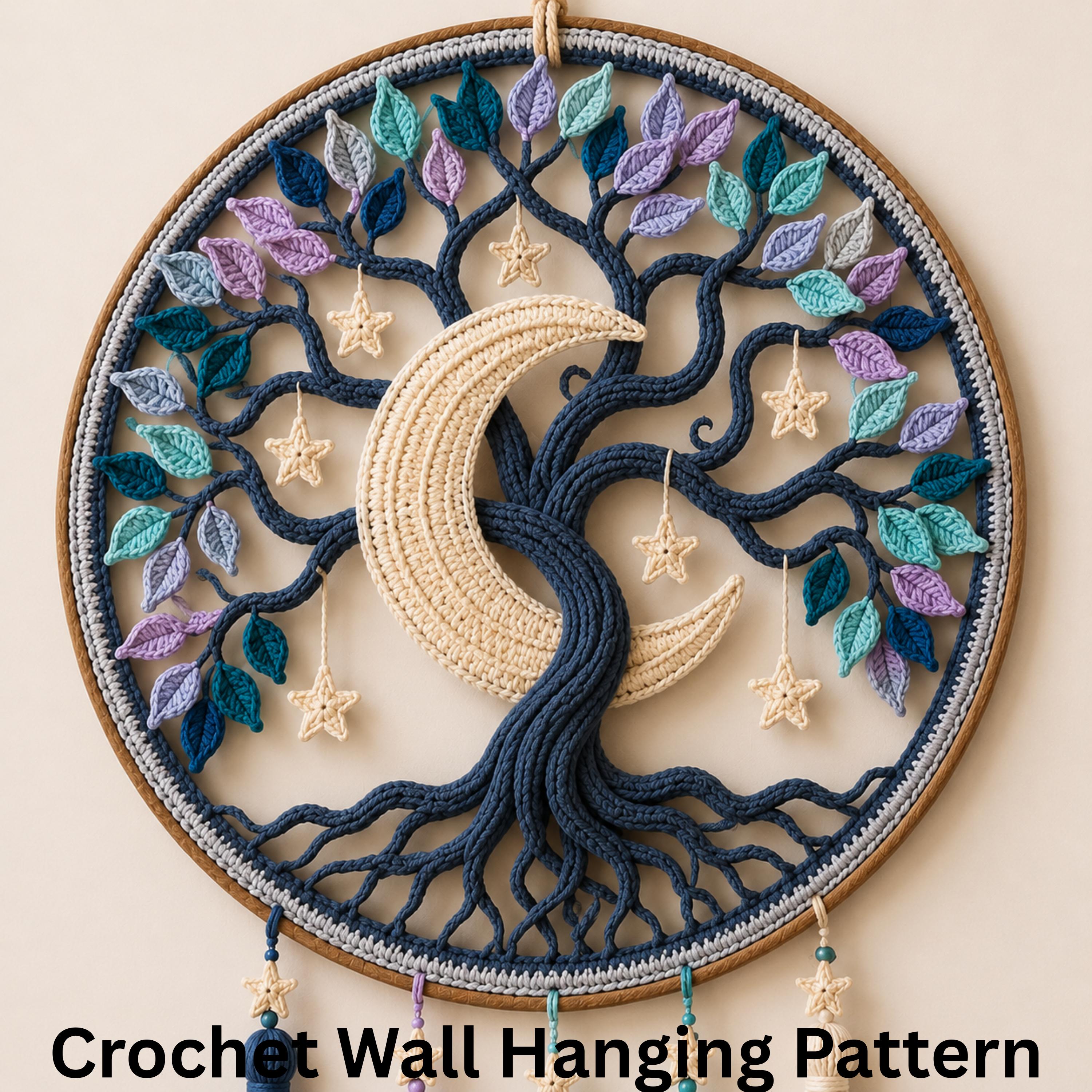 Crochet Tree of Life Wall Hanging Pattern PDF, Boho Moon Dreamcatcher ...