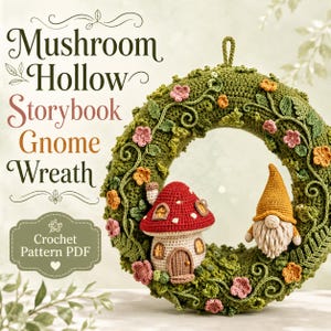 Puede incluir: Una corona de ganchillo con base verde, pequeñas flores rosas y naranjas, una casa en forma de seta roja y blanca, y un gnomo con gorro amarillo y barba blanca. El texto dice Mushroom Hollow Storybook Gnome Wreath Crochet Pattern PDF.