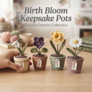 Pacchetto di modelli all'uncinetto in PDF per i fiori di nascita, mini bucaneve in vaso, violette, narcisi, margherite, decorazione per vasi di fiori da gennaio ad aprile