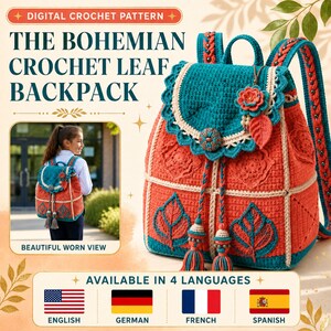 Puede incluir: Una mochila de ganchillo con cuerpo naranja vibrante, motivos de hojas en color verde azulado y ribetes. La bolsa tiene cierre de solapa con botón decorativo, cierre de cordón y correas trenzadas. Texto: DIGITAL CROCHET PATTERN THE BOHEMIAN CROCHET LEAF BACKPACK.