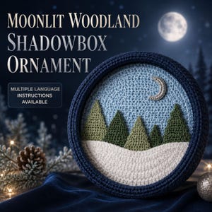 Crochet Christmas Ornament Pattern, Moonlit Woodland Shadowbox PDF, Winter Forest Tree Decoration and Handmade Holiday Decor