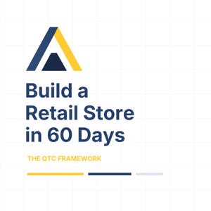 Può includere: Grafica con il testo "Build a Retail Store in 60 Days" in blu. La parte superiore della grafica presenta un triangolo blu e giallo. Sotto il testo c'è "THE QTC FRAMEWORK" in giallo. Linee orizzontali gialle, blu e grigie in basso.