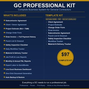 Könnte beinhalten: Dunkelblaue Grafik mit der Aufschrift "GC PROFESSIONAL KIT" und einer Liste der enthaltenen Artikel für Generalunternehmer. Enthält Subunternehmervereinbarungen, Projektangebote und mehr. Ein komplettes Geschäftssystem.