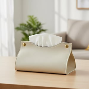 May include: A cream-colored rectangular tissue box cover made of a smooth material. The cover features a curved top opening and is secured on both sides by circular gold-toned metal snap buttons. A white tissue is visible protruding from the top.