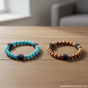 Puede incluir: Dos pulseras de cuentas. Una es turquesa con cuentas cuadradas negras, la otra es marrón con cuentas cuadradas negras. Las pulseras están sobre una superficie de madera. Las pulseras son probablemente para joyería o moda.