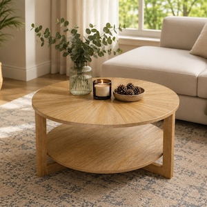 May include: A round light-toned wooden coffee table featuring a sunburst veneer pattern on the tabletop and a lower circular shelf. The table is supported by four sturdy legs and holds a glass vase with eucalyptus, a candle, and a small bowl.