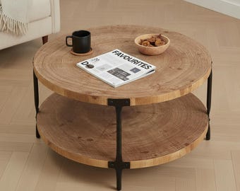 Round Farmhouse Coffee Table, Boho 2-Tier Wood Accent Furniture