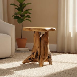May include: A side table crafted from a single piece of natural light brown wood, featuring a smooth, flat, irregular-shaped tabletop supported by a thick, organic, root-like base with visible dark wood grain patterns and a polished finish.