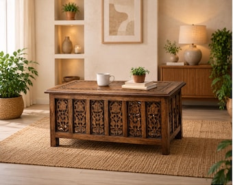 Solid Mango Wood Hand Carved Coffee Table, Rustic Farmhouse Living Room Accent 36x18