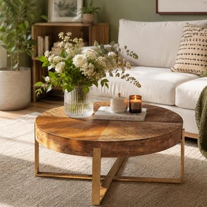 May include: A round coffee table with a natural wood grain top and a gold-toned metal cross-base. The table holds a clear ribbed glass vase filled with white flowers and greenery, a small white lidded jar, and a candle in a dark glass container.