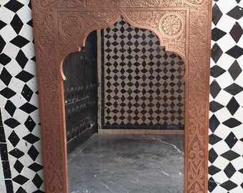 Hand-Engraved Copper Arch Mirror, Moroccan Islamic Wall Decor, Artisan Handmade Piece