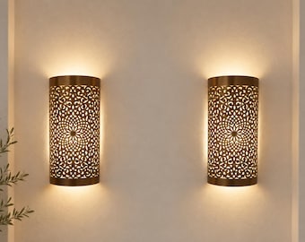 Handmade Moroccan Brass Wall Sconces (Set of 2) – Engraved Oriental Bedroom Lighting