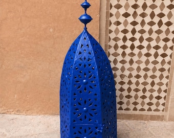 Handmade Moroccan Fer Forgé Blue Metal Lantern – Large Floor Lighting Decor