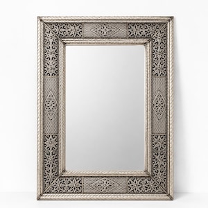 Handmade Moroccan Engraved Silver Mirror – Rectangular Boho Entryway Decor