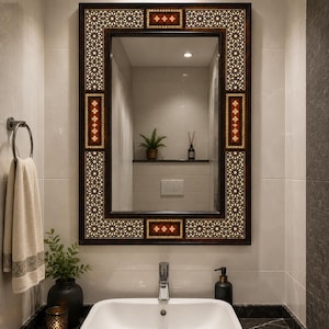 Handmade Bone Inlay Mirror – Rectangular Wooden Frame, Moroccan Boho Luxury Vanity Mirror