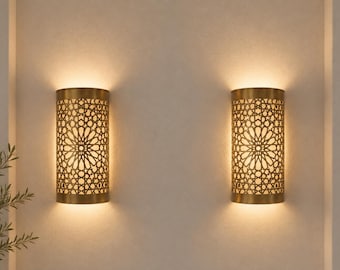 Appliques murales marocaines en laiton faites main (Ensemble de 2) - Éclairage oriental de chambre à coucher gravé