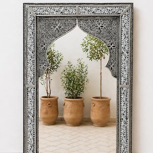 Op de afbeelding: Een grote rechthoekige spiegel met een decoratief zwart-wit frame. De spiegel reflecteert drie potplanten met groen blad. Het frame heeft ingewikkelde patronen en een boogvormige bovenkant.
