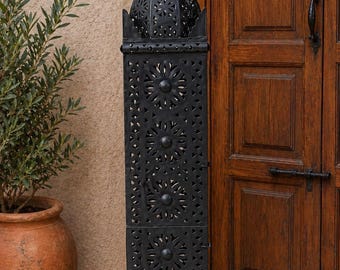 Handmade Black Metal Moroccan Floor Lantern – Tall Geometric Boho Home Decor Lighting