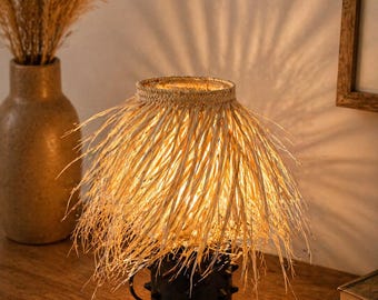 Handwoven Moroccan Raffia Pendant Light Shade – Boho Fringe Lampshade – Natural Palm Fiber Ceiling Light Cover – Rustic Home Decor