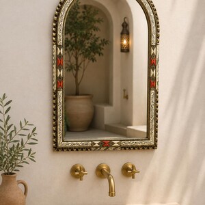 Handmade Moroccan Bone Inlay Arch Mirror – Red White Geometric Brass Accent Wall Decor