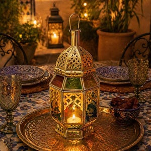 May include: A gold-colored, ornate lantern with colorful glass panels and a lit candle inside sits on a gold tray. The tray is on a table set for a meal, with plates, glasses, and a small bowl of dates. A second lantern is in the background.
