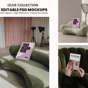 Puede incluir: Un conjunto de productos digitales titulado OLIVE COLLECTION 3 EDITABLE PSD MOCKUPS que presenta tres escenas con un marco rectangular rosa claro que muestra el texto YOUR DESIGN HERE y un folleto blanco con el texto mockup y un rostro.