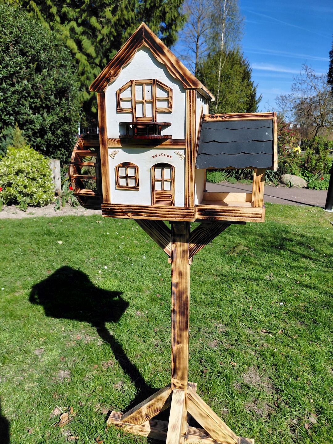 Large Wooden Birdhouse With Water Wheel and Stand, Handmade Rustic ...