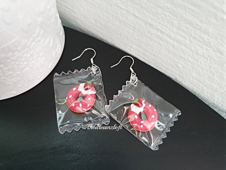 Quirky Fun Gift Donut Earrings Handmade Charm Kawaii Strawberry Donut Post Earrings Strawberry Donut In A Bag