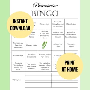 Può includere: Una scheda di gioco BINGO per presentazioni con una griglia contenente vari suggerimenti di attività come Recitare una poesia, Uno sport preferito e Un libro preferito. Il documento include una sezione per i premi in basso e una foglia verde.
