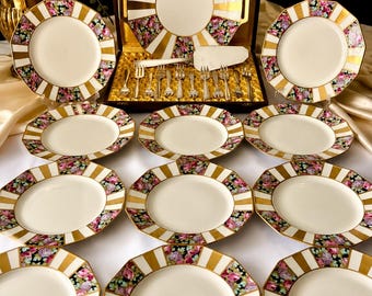 Antik Limoges Frankrike dessertservis, blommiga guldporslinstallrikar, försilvrade gafflar och serveringsfat