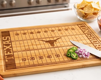 Texas Longhorns Football Field Cutting Board | Custom Engraved UT Tailgate Charcuterie Board | University of Texas Alumni Sports Fan Gift