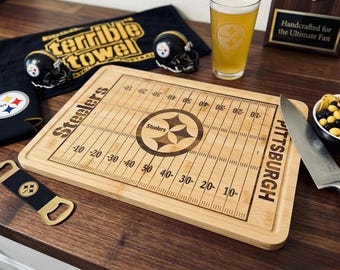 Pittsburgh Steelers Football Field Cutting Board | Custom Engraved Bamboo Charcuterie and Serving Tray | NFL Fan Gift & Sports Bar Decor