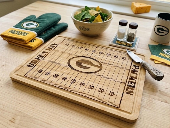 Custom Football Cutting Board, Personalized Green Bay Packers Fan Charcuterie Board, Serving Tray, Engraved Football Field Kitchen Decor
