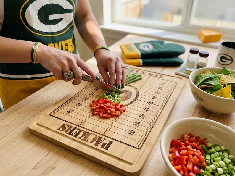 Custom Football Cutting Board, Personalized Green Bay Packers Fan Charcuterie Board, Serving Tray, Engraved Football Field Kitchen Decor bild 2