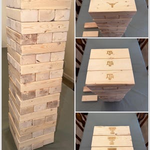May include: A wooden block stacking game, with a tower of rectangular blocks. The blocks are light-colored wood. Three additional images show the game with university logos: a longhorn, the letters "A&M", and the letters "TT".