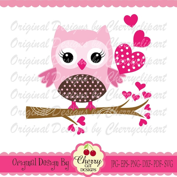 Svg hibou, svg chouette Saint-Valentin, hibou sur une branche de coeurs svg Silhouette & Circut Cut fichiers VTN82