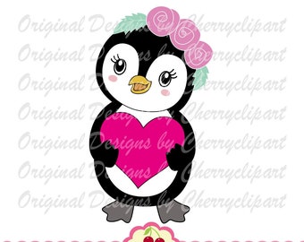 Valentine's Day cute penguin with heart svg, Flowers penguin svg Silhouette & Cricut Cut Files VTNSVG78