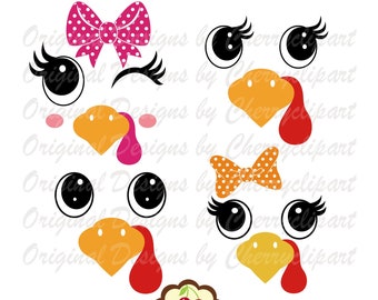 May include: A digital illustration featuring turkey face elements. Includes eyes, beaks, wattles, and bows in pink and orange polka dots. The design is labeled "Original Design By Cherry Designs."