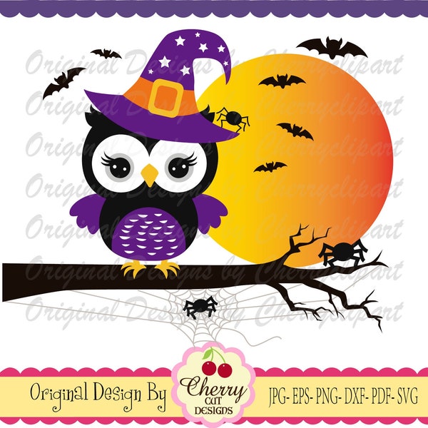 Halloween Spooky owl svg, Witch hat on a branch svg Silhouette & Cricut Cut Files, Owl Clip art, T-Shirt, Iron on, Transfer DIGIHL104
