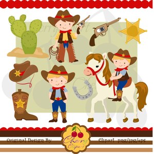 May include: A set of 10 western-themed clipart images, including a cowboy, a horse, a cactus, a sheriff's star, a horseshoe, a lasso, a cowboy hat, and a pair of cowboy boots. The images are in a cartoon style and are perfect for use in scrapbooking, card making, or other craft projects.