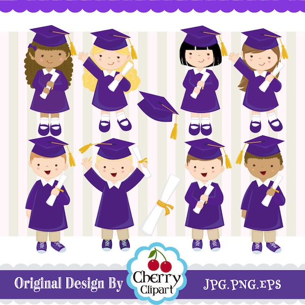 Graduation Boys and Girls digital clip art set (Purple) -Preschool, High School, College, Graduation-Personal and Commercial Use-