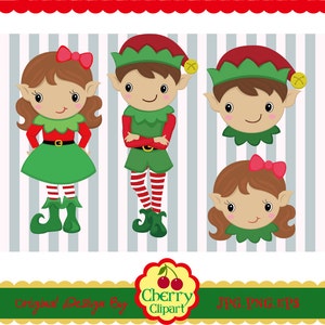 May include: Four cartoon elf illustrations. Two elves are wearing green and red elf hats and green and red striped pants. One elf is wearing a green dress and red and white striped stockings. The fourth elf is wearing a green dress and has brown hair. The illustrations are on a gray and white striped background.