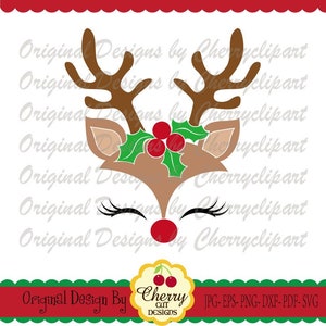 Rentier Gesicht svg png, Weihnachten Rentier Mädchen mit Stechpalme Silhouette und Cricut Cut Files CHSVG83 - persönlicher und kommerzieller Gebrauch