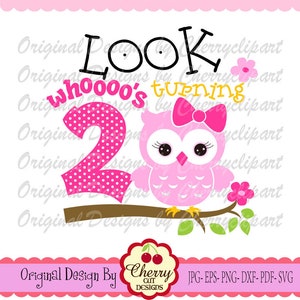 Whoooo a 2 ans, mon 2e anniversaire hibou SVG, silhouette anniversaire et fichiers de coupe Cricut, clipart, thermocollant sur T-shirt, impression par transfert BIR66